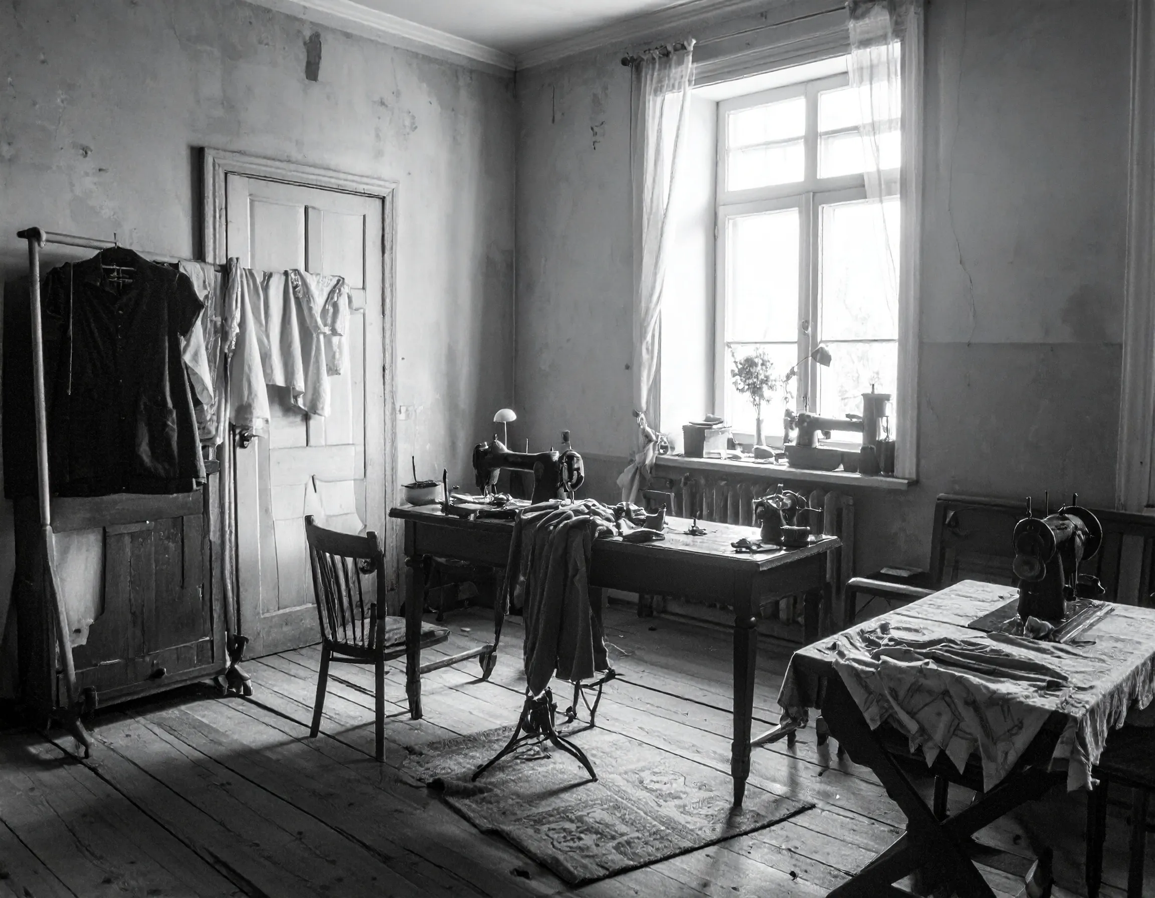 Firefly_Schwarz Weiß altes verarmtes Wohnzimmer in den 1960ern mit Klamotten auf Tisch und Nä 774611 Firefly Schwarz Weiss altes verarmtes Wohnzimmer in den 1960ern mit Klamotten auf Tisch und Nae 774611